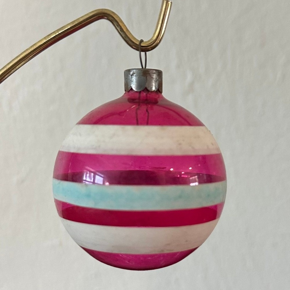 Vintage Heim Unsilvered Glass Christmas‎ Ornament Pink White Blue Striped USA 2"
